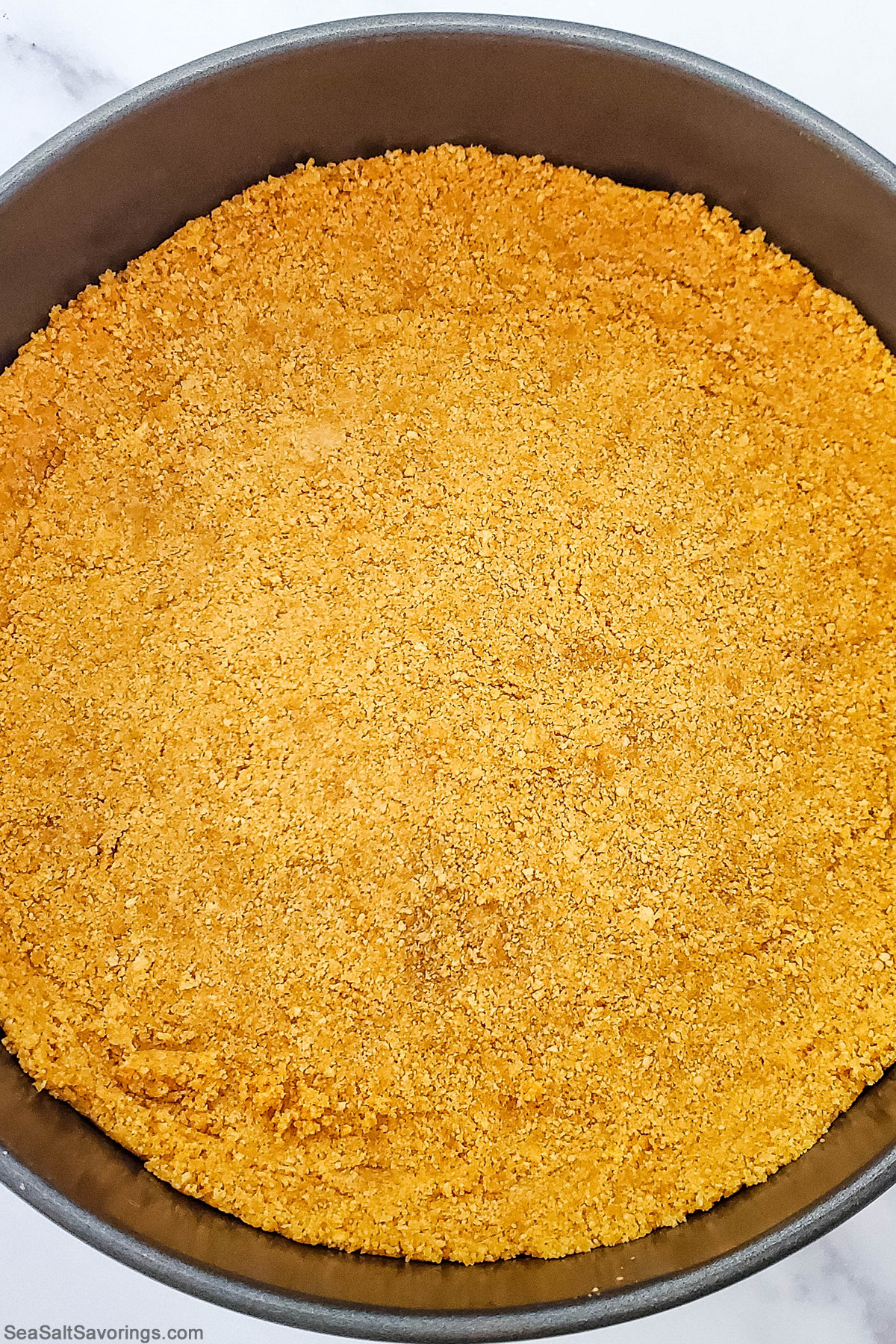 graham cracker crumbles pressed against bottom of cake pan