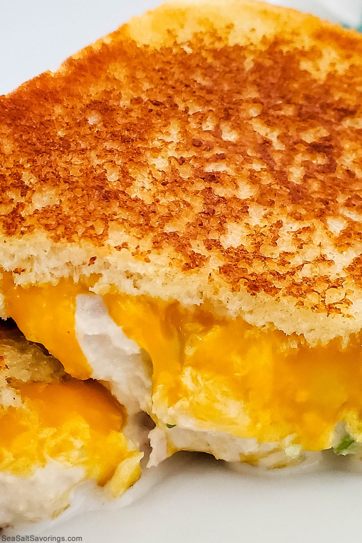 close up view of a tuna melt sandwich to showcase the melty cheese and crispy toast