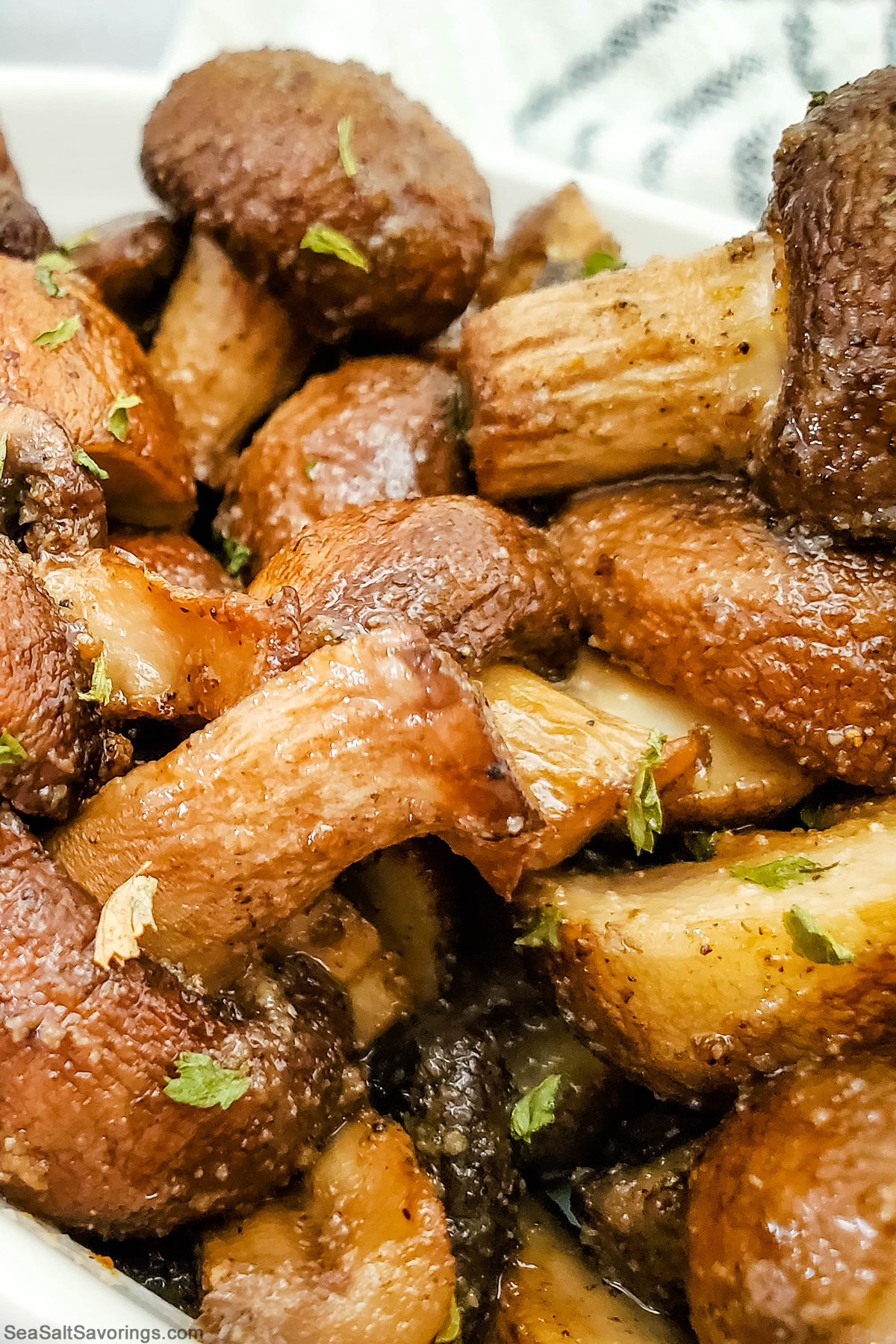 close up view of garlic mushrooms