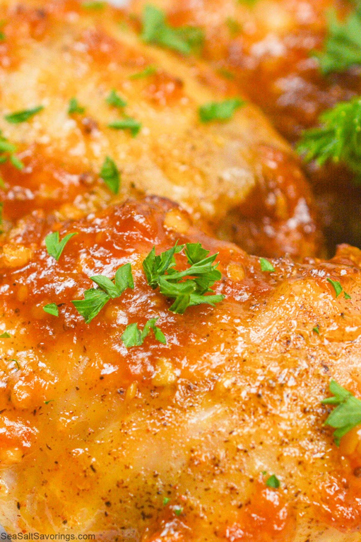 close up view of glazed chicken thigh