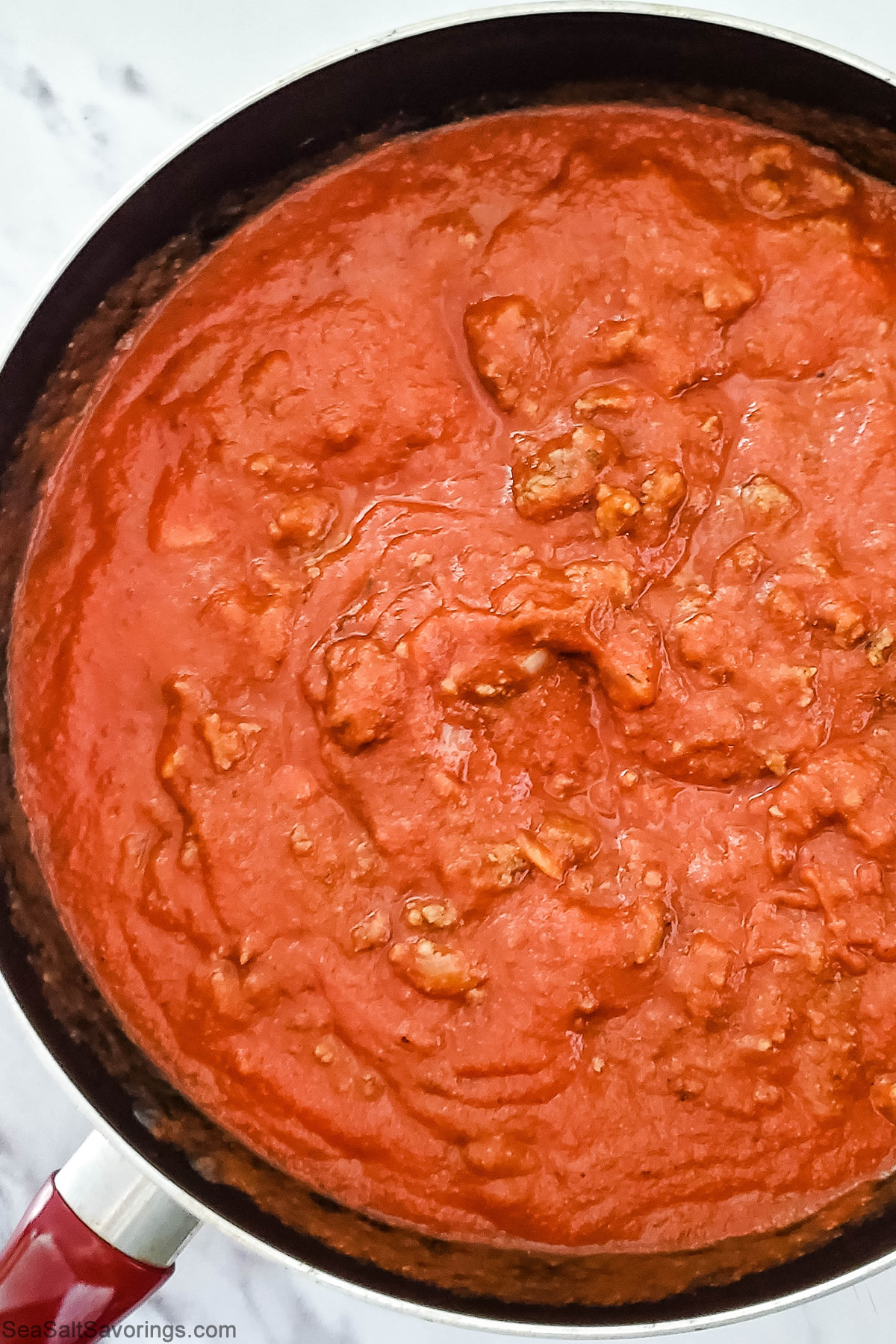 cooked spaghetti sauce in a pan