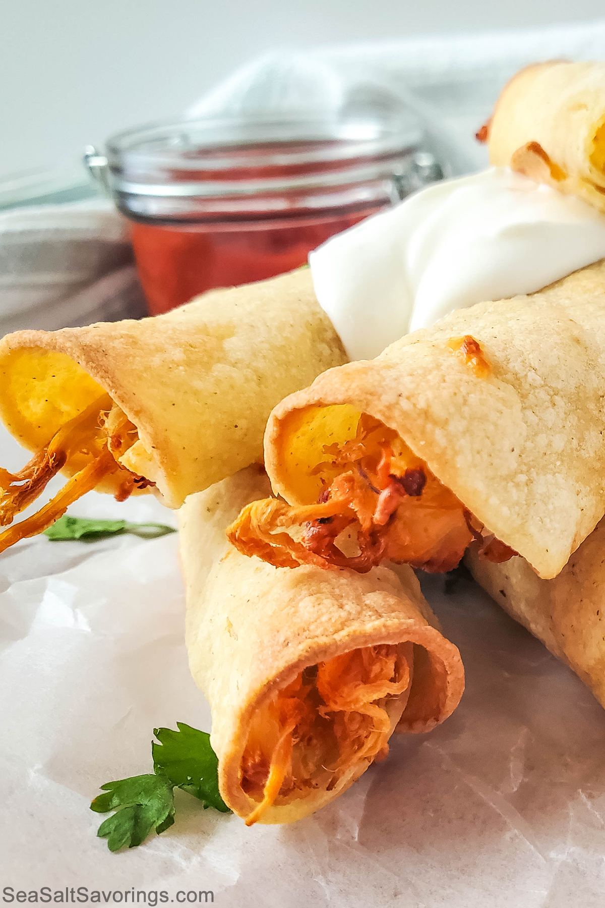 air fried taquitos in a pile