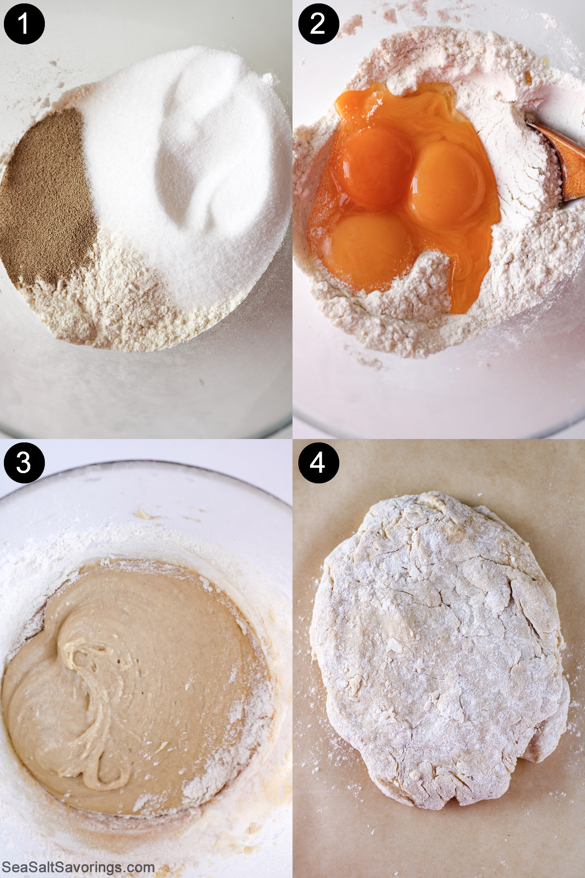 collage of images showing steps to add ingredients and mix in a bowl to form a dough ball