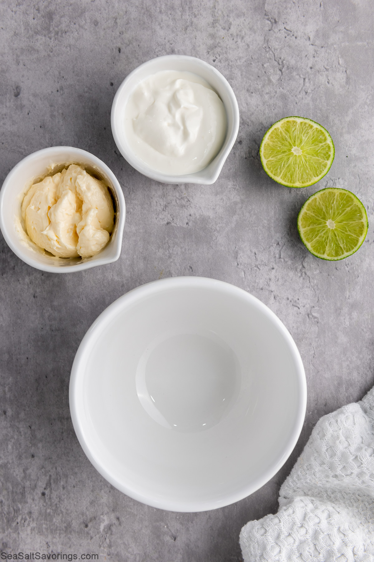 crema, mayo, and lime juice next to a mixing bowl
