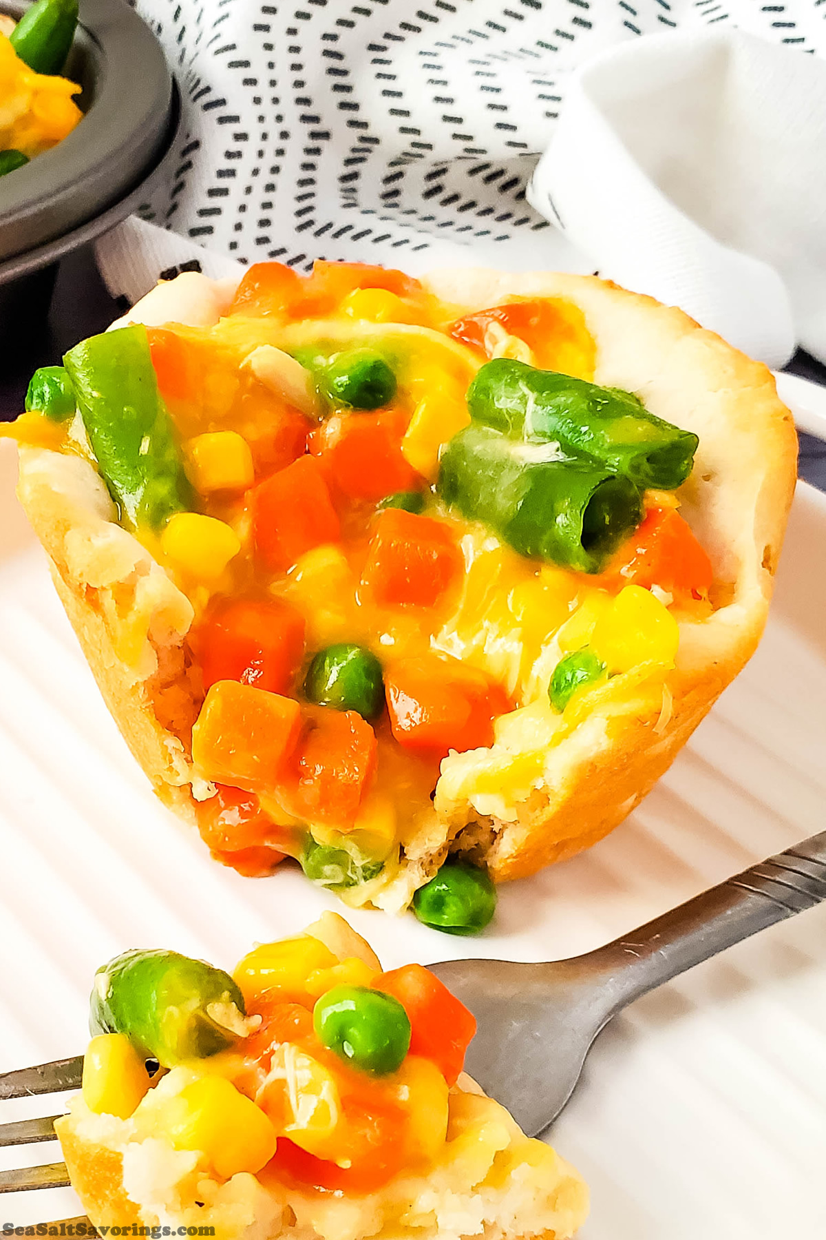 close up view of a biscuit pot pie showcasing the textures and ingredients and browned crispy shell crust