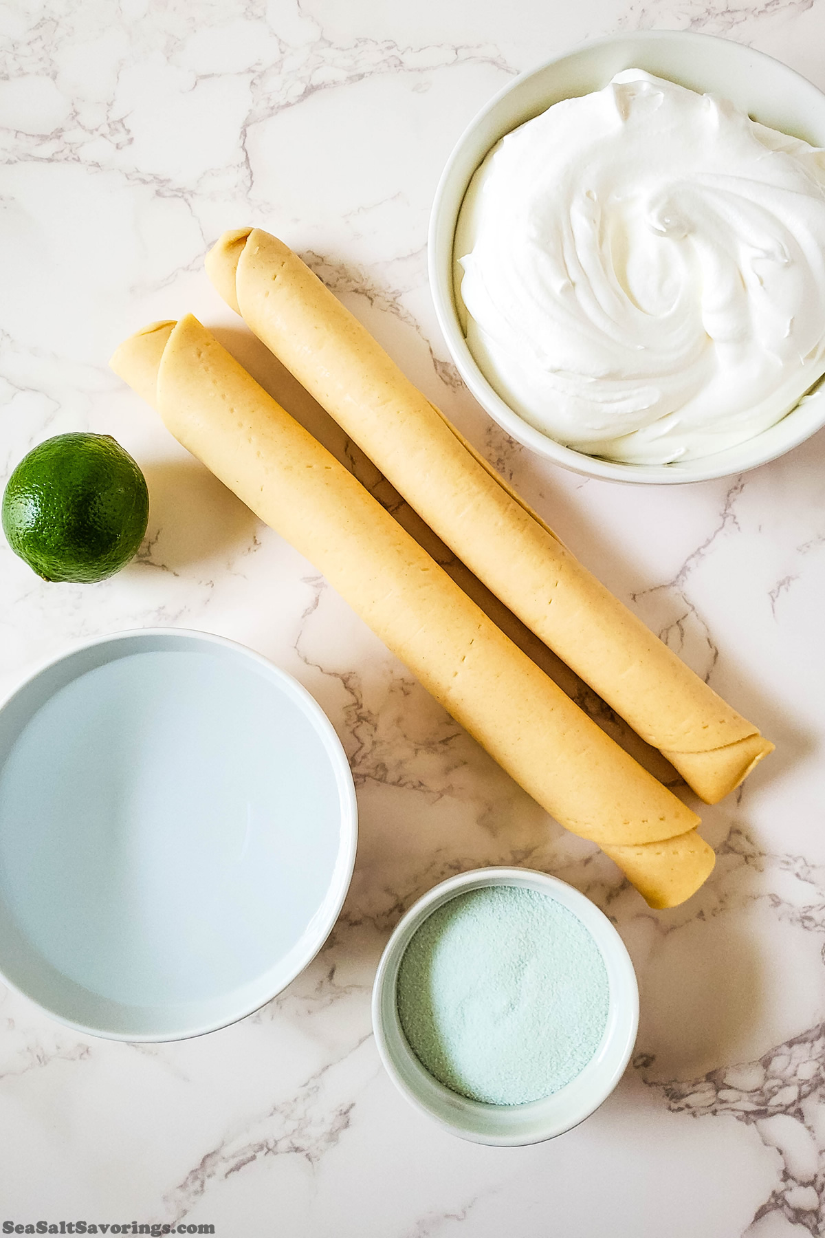 simple ingredients for easy key lime pie bites such as pie crust dough, lime, and jello